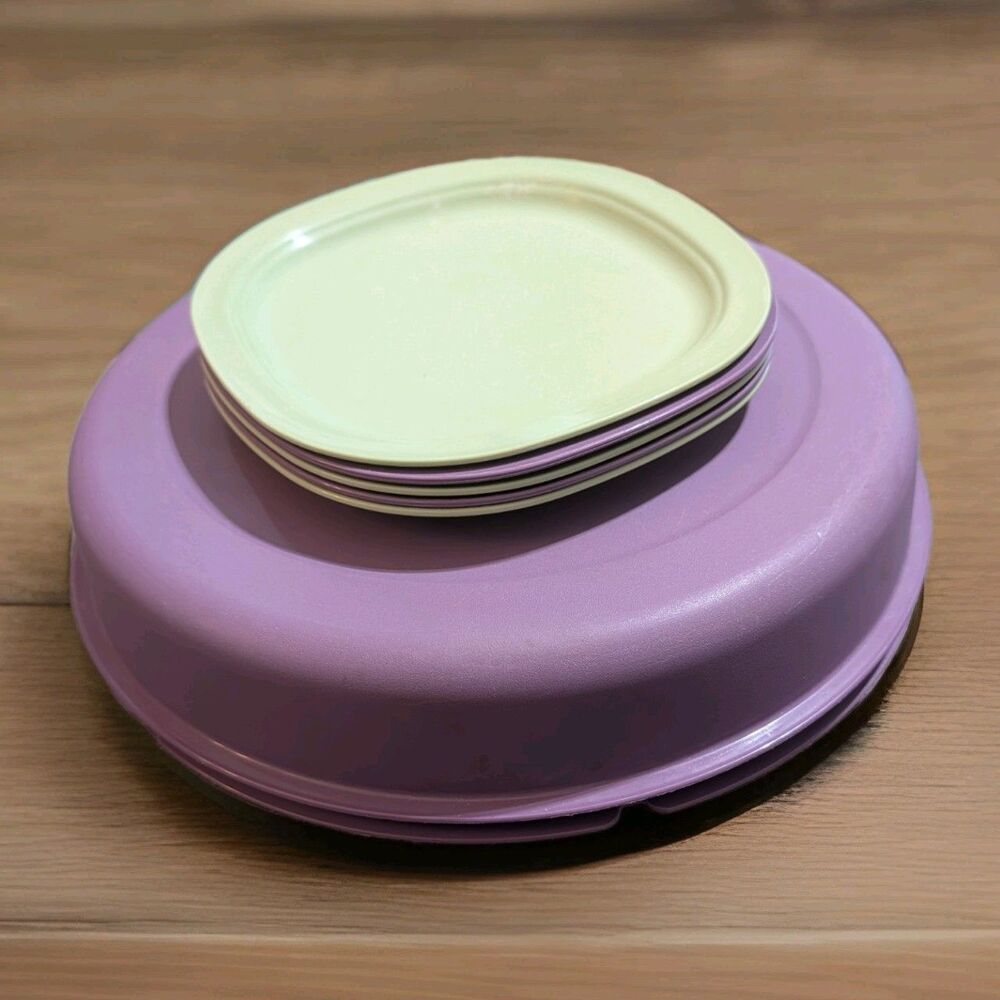 Tupperware Purple Serving Center Veggie Party Tray & 5 Square Plates Set Vintage